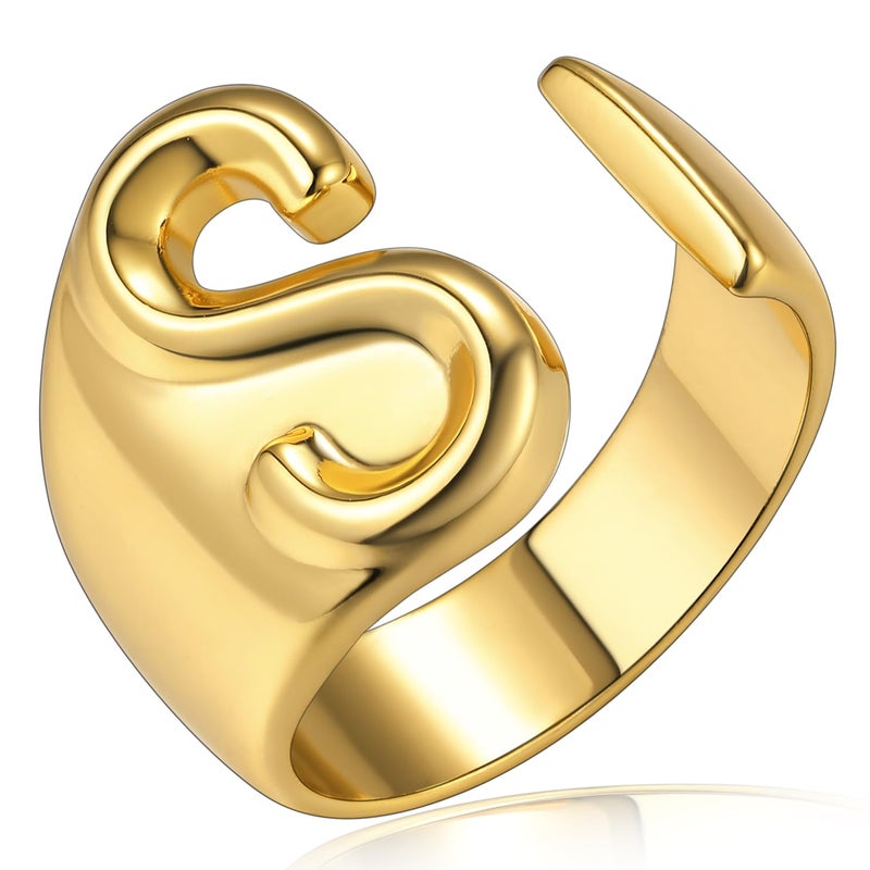 KeyStyle S Initial Rings for Women, GoldChic Jewelry Gold Bold Letter Ring With Alphabet S, Adjustable 14k Gold Plated Rings for Hip Hop Dancer - Image 1